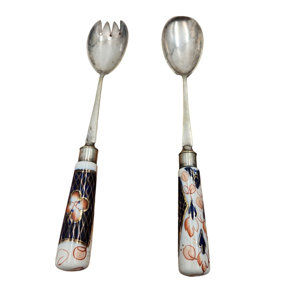 Vintage EPNS England Salad Serving Set Imari Style Porcelain Handles 10"‎
